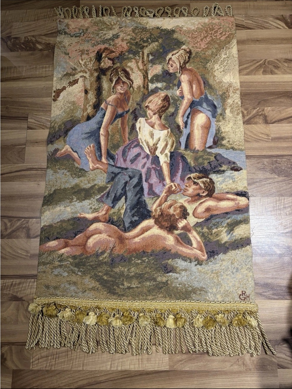 French Wall Hanging Tapestry 26.5”x48” Rod Pockets GRH Tasseled Trim Nude